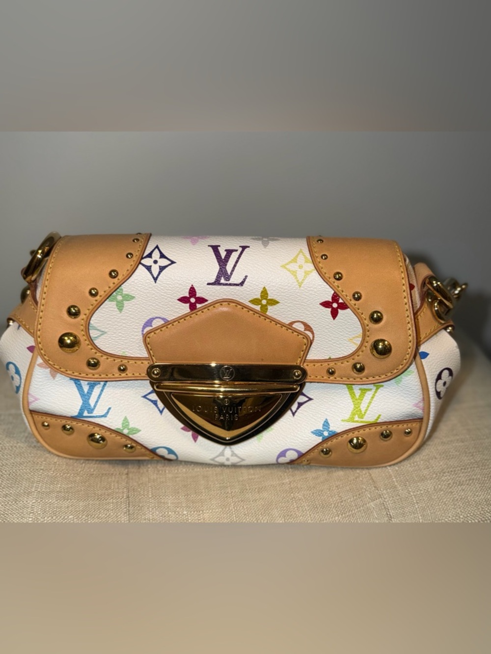 Louis Vuitton White Multicolor Monogram Shoulder Bag with Tan Leather Trim